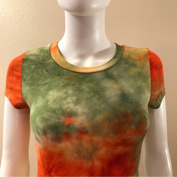 Tie Dye Bodycon Mini Dress NEW Juniors Large Orange Green Yellow Short Sleeve - Picture 5 of 12
